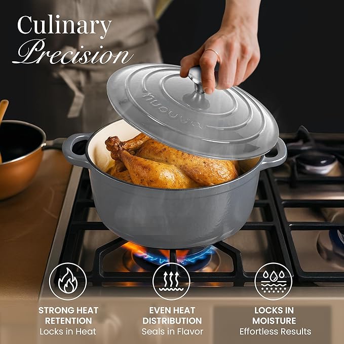 Nuovva Enamelled Cast Iron Dutch Oven Pot with Lid – 6.4 Quart Non Stick Casserole Pot – Heavy Duty & Oven Safe up to 500° F for Bread Baking, Braising, Stews, Roasting – 28cm Grey