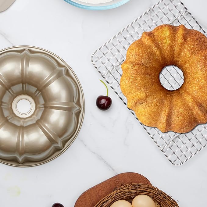 Onader Fluted Cake Pan Nonstick, 10 Inch Round Tube Baking Pan for Pound Cake, 10 Cups Large Heavy Duty Carbon Steel Baking Mold Bakeware, Gold