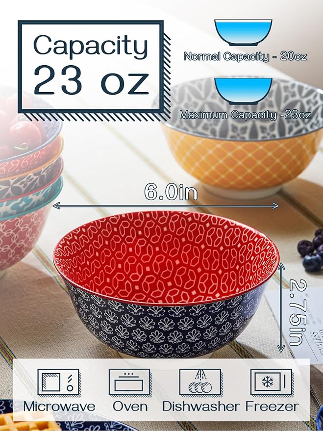 DOWAN Soup Bowls Set of 6, Cereal Bowls for Kitchen, 23 OZ Large Ceramic Bowl, Colorful Vibrant Patterned Porcelain Bowls for Kitchen Decor and Housewarming Gift, Dishwasher and Microwave Safe