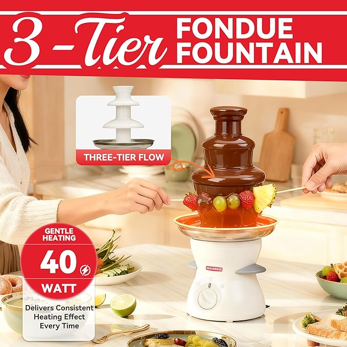 3 Tier Mini Chocolate Fountain Machine, Easy to Use & Clean, Great for Parties, Events & Weddings, 22 Oz Capacity, White