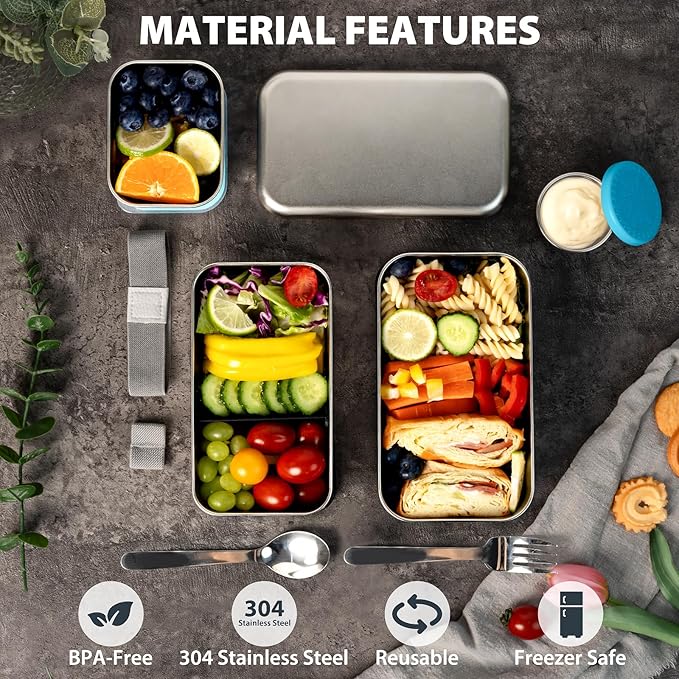 Stackable Stainless Steel Bento Box for Adults with Snack Container, Metal Leak-Proof Food Containers with Detachable Divider, Double Layer Bento Lunch Box for Work Travel, BPA-Free, Dishwasher Safe
