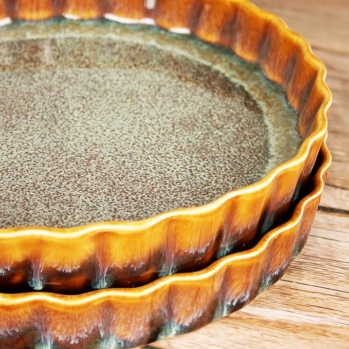 Large Quiche Tart Pans Pan, 27 oz Ceramic Au gratin pans, Fluted Ruffled Edge for Quiche Baking Dish/Pie Pan - Oven, Microwave, Freezer and Dishwasher safe - Great Gift for Bakers 9.6 Inch