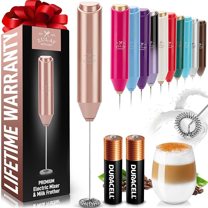 Zulay Kitchen Milk Frother Handheld with 2 Duracell AA Batteries – Electric Drink Mixer for Coffee, Lattes, Cappuccinos, Matcha & Hot Chocolate – Portable Foam Maker & Coffee Bar Accessory