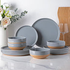 AmorArc Ceramic Dinnerware Sets for 4, 12 Pieces Handpainted Plates and Bowls Set with Rustic Terracotta Underside, Scratch Resistant Stoneware Dishes Set, Dishwasher & Microwave Safe, Gray