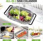 FirstE Over the Sink Colander Strainer Basket 6 Quart, Fine Mesh Stainless Steel Colander with Expandable Anti-slip Rubber Grip Handles, Kitchen Sink Vegetable Strainer for Drain Pasta, Rinse Fruits