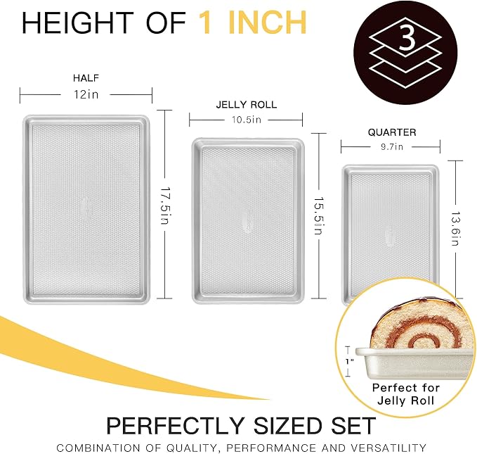 HONGBAKE Baking Sheet Pan Set, Cookie Sheets for Oven, Nonstick Half/Quarter/Jelly Roll Pans with Diamond Texture Pattern, Heavy Duty Cookie Tray, Silver