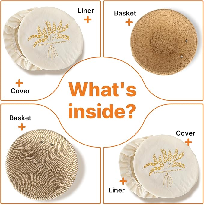 Banneton Bread Proofing Basket Set - 2X Round Sourdough Proofing Baskets - Sourdough Proofing Bowls Bread Baking Supplies With Liner & Cloth Cover - Cotton Rope Banneton Basket for Baking