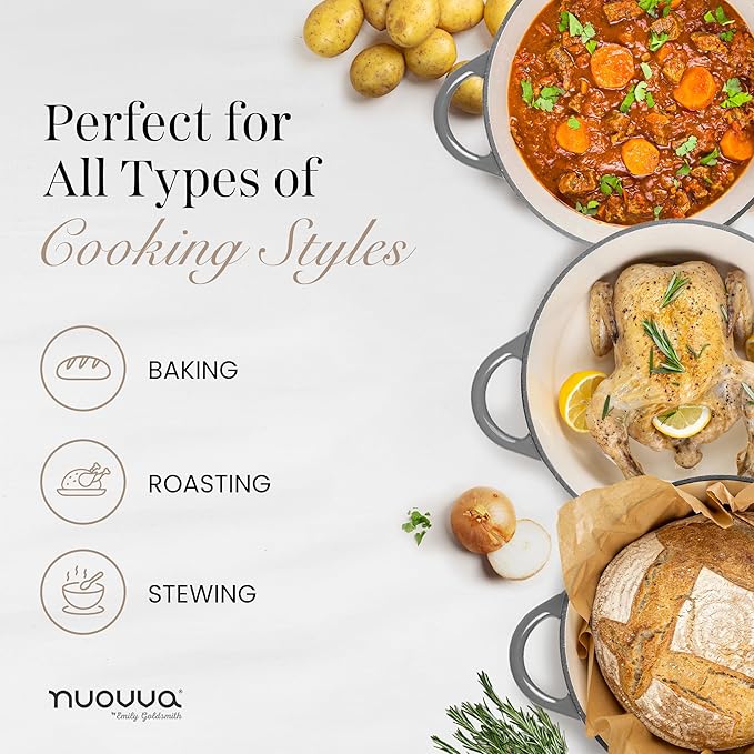 Nuovva Enamelled Cast Iron Dutch Oven Pot with Lid – 6.4 Quart Non Stick Casserole Pot – Heavy Duty & Oven Safe up to 500° F for Bread Baking, Braising, Stews, Roasting – 28cm Grey