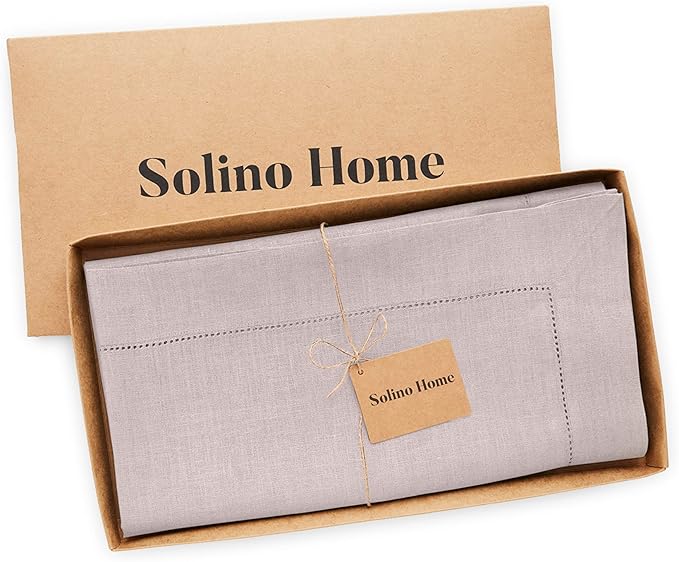Solino Home Lilac Linen Tablecloth 52 x 52 Inch - 100% Pure Linen Square Table Throw - Classic Hemstitch, Machine Washable Table Cloth for Summer