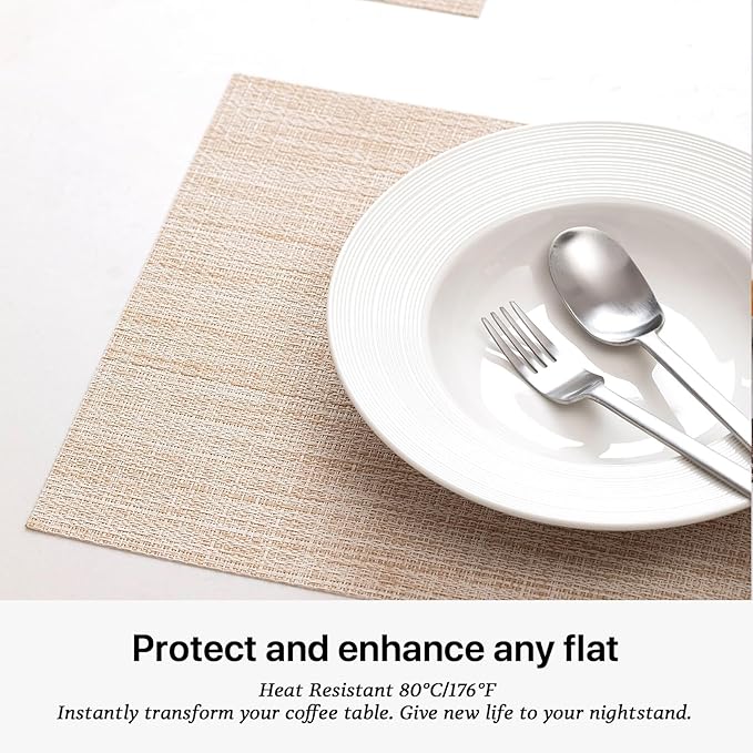 LEXMORE PVC Woven Placemats 4 PCS Wipeable Indoor/Outdoor Table Mats Washable Vinyl Place Mat for Dining Table, Set of 4-Beige White