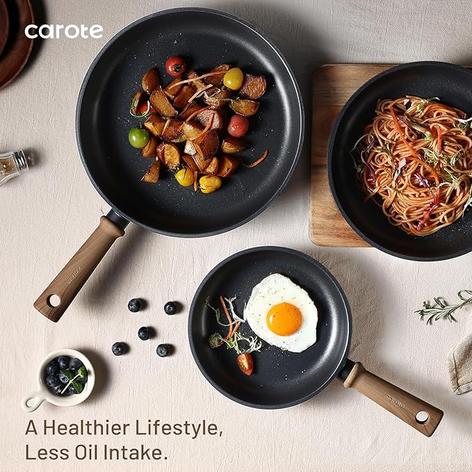 CAROTE Non Stick Frying Pans, 9.5" Nonstick Skillet Titanium Frying Pan Chef's Pan, Titanium Lightweight, Stay-cool Handle, Compatible with All Stoves, Black