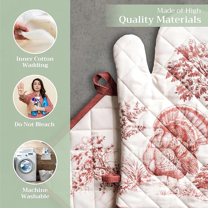Maison d' Hermine 100% Cotton Oven Mitt & Pot Holder Set (7.5"x13" & 8"x8") Heat Resistant BBQ Cooking Gloves with Loop, Baking, Grilling, Kitchen, Handling Hot Pans (Holy Jouy - Red)