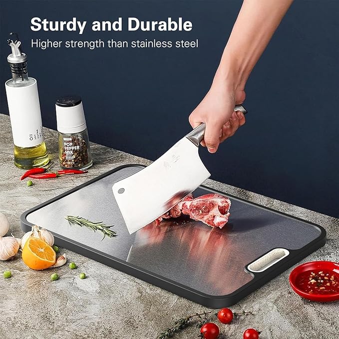 Titanium Cutting Board,Double Sided Steel Cutting Boards for kitchen,Stainless Steel/Wheat straw pp Board for meat,non toxic Chopping,15 * 10 Inch,Dishwasher Safe