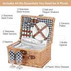 ZORMY Wicker Picnic Basket for 2 Person, Willow Hamper Basket Sets with Insulated Compartment, Handmade 2 Person Picnic Basket for Camping - BlueCheck