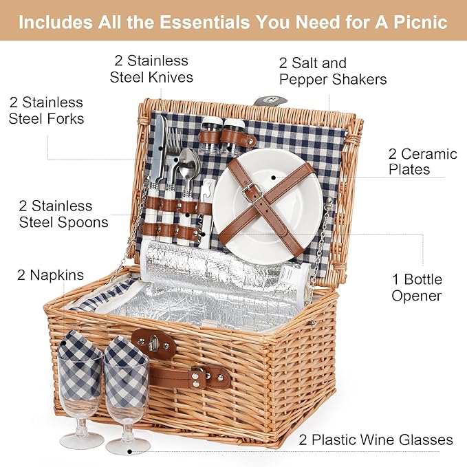 ZORMY Wicker Picnic Basket for 2 Person, Willow Hamper Basket Sets with Insulated Compartment, Handmade 2 Person Picnic Basket for Camping - BlueCheck