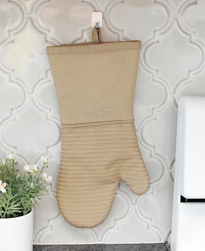 All-Clad Silicone Oven Mitts: Heat Resistant up to 500 Degrees - 100% Cotton & Silicone, 14"x7" Oven Mitt for Kitchen and Barbeque, 2-Pack, Cappuccino