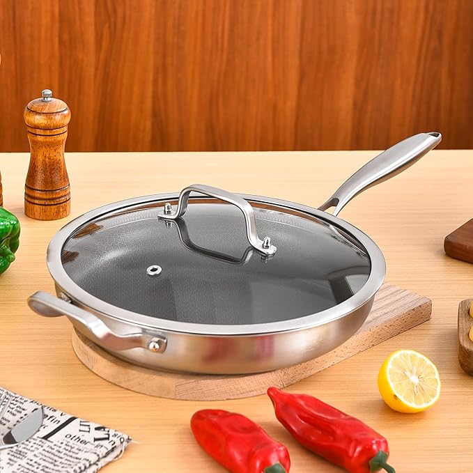 Inqibee 12-Inch Hybrid Tri-Ply Stainless Steel Non Stick Chef's Frying Pan with Lid and Helper Handle,Skillet,Induction Cooking Pan,Dishwasher and Oven Safe