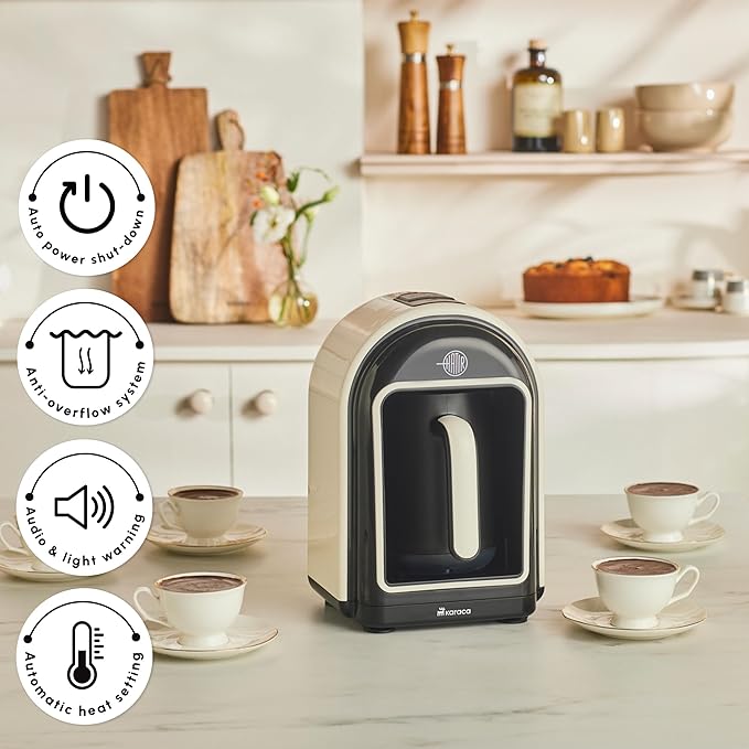 KARACA Hatır Turkish Coffee Maker, 5 Cups Electric Turkish Coffee Machine with Ember Mode, Automatic Temperature Control, Overflow Protection, Audible & Visual Alerts, Cream