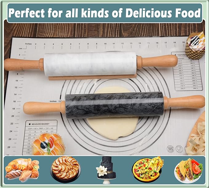 Marble Rolling Pin with Wooden Cradle Thick Handle Set for Baking,18.5 inch Premium Quality Polished Roller for Pizza Dough,Fondant,Pie Crust,Non-Stick Surface Easy to Clean(White)