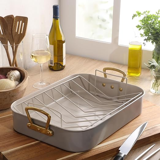 Gibson Home Broxton 2-Piece Nonstick Roaster Pan with Rack – 16 x 12 Inch Taupe Turkey Roasting Pan with Cast Aluminum Gold Handles – Oven-Safe, Easy-Clean, Holiday Cookware
