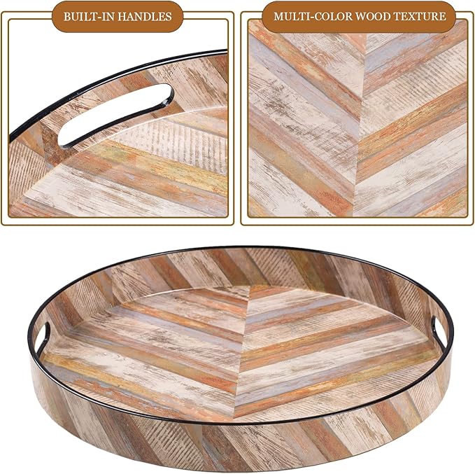 MAONAME 13" Round Decorative Tray, Plastic Tray with Handles, Coffee Table Trays, Serving Trays for Ottoman, Bathroom, Kitchen (Multicolored Wooden Sticker)