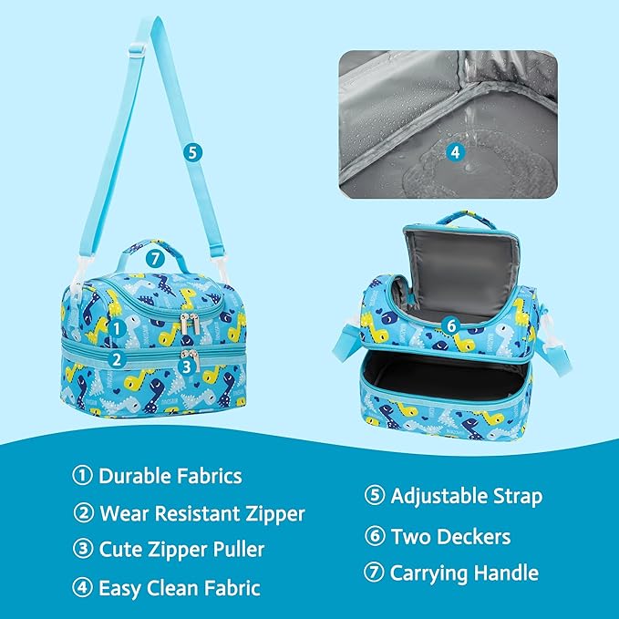 Insulated Kids Dual Compartment Lunch Bags Tote for Girls Boys Toddler Lunch Boxes Pre-School Toddler Kindergarten Picnic Camp Food Cooler Thermal with Strap (Blue Dinos)