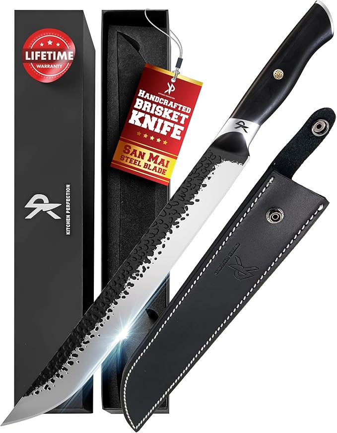 Kitchen perfection 12" Handmade Brisket Knife, Meat Cutting Carving & Slicing BBQ Knife For Men – Insanely Sharp San Mai Steel, W/Leather Sheath Premium Ergonomic Handle, Best Grilling Gifts for Men
