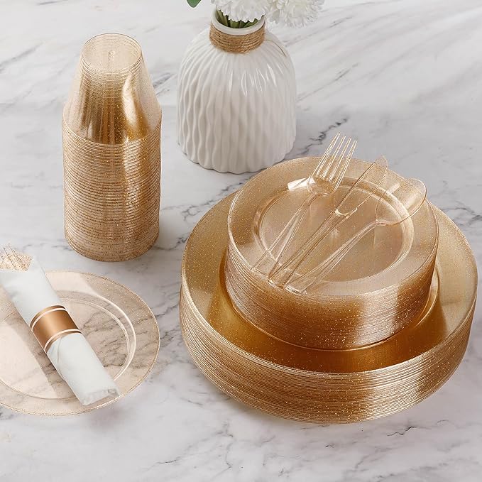 Goodluck 350 Piece Gold Glitter Plastic Dinnerware Set for 50 Guests, Disposable Plates for Party, Include: 50 Dinner Plates, 50 Dessert Plates, 50 Rolled Napkins with Silverware, 50 Cups