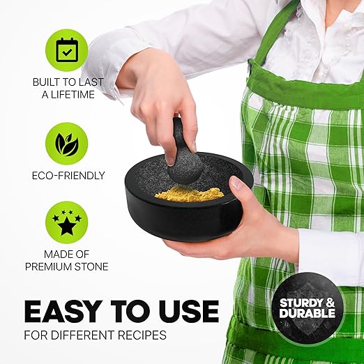 Umien™ Granite Mortar and Pestle Set - 100% Granite - 3.5-Cups - 8-Inch – Avocado Tool Included – Natural Stone Molcajete for Spices, Pestos, & Guacamole (Black) - Stone Grinder - Guacamole