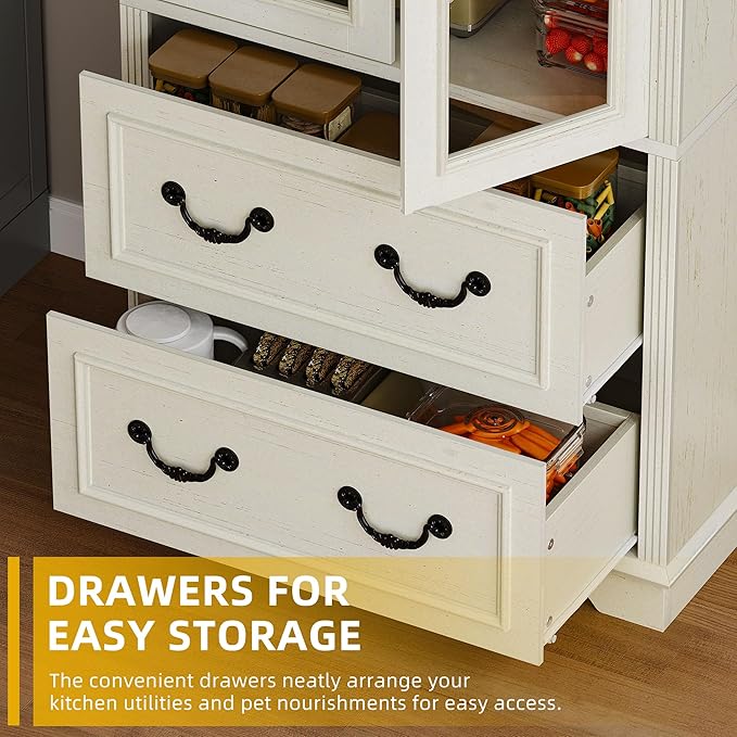DWVO 76" Kitchen Pantry Storage Cabinet, Freestanding Display Cabinets with Glass Doors & Adjustable Shelves & Drawers, Tall Farmhouse Cupboard for Dining Room, Living Room, Bathroom, White Walnut
