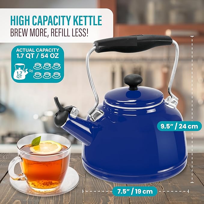Chantal Tea Kettle, 1.7 QT, Vintage Series, Premium Enamel on Carbon Steel, Whistling, Even Heating & Quick Boil (Cobalt Blue)