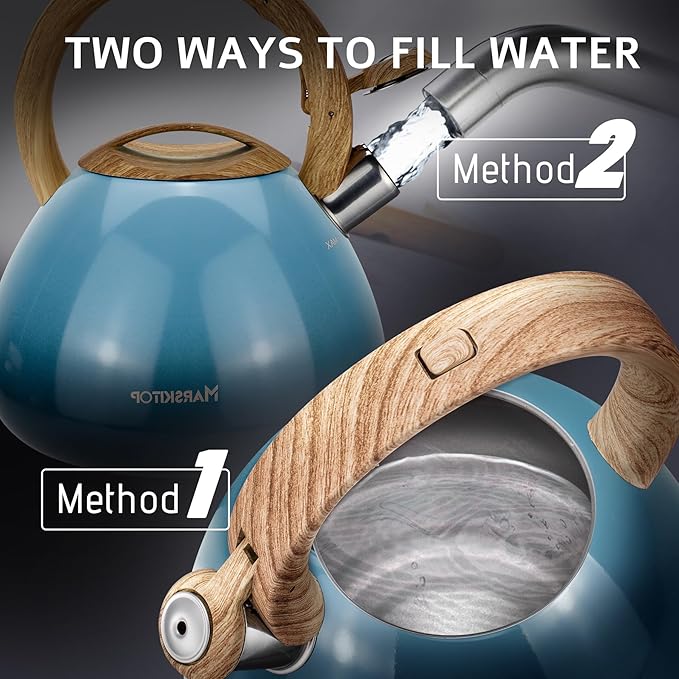 MARSKITOP Tea Kettle Stovetop Whistling Tea Pots for Stove Top Food Grade Stainless Steel Teapot for Induction Cooktop, 2.6 Quart, Blue