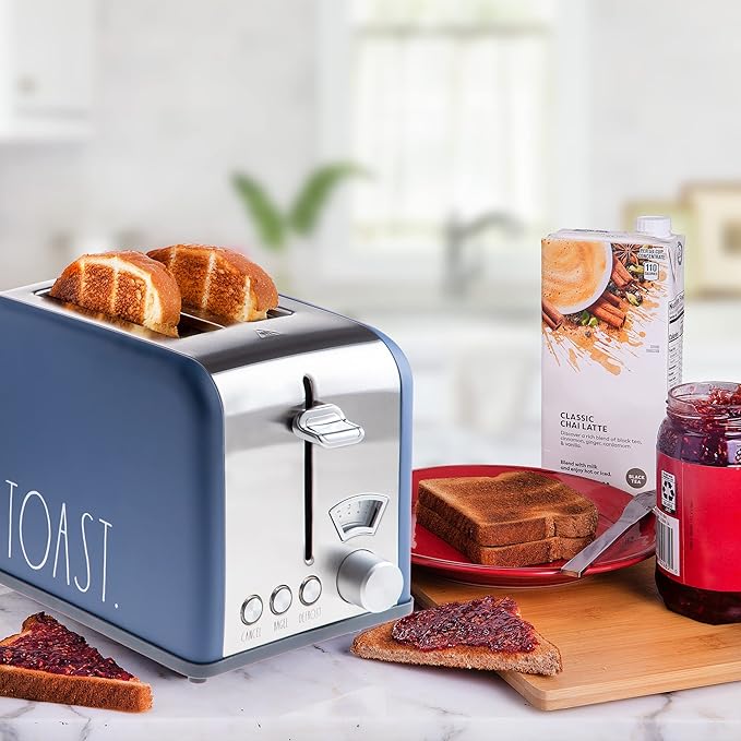 Rae Dunn Toaster, Stainless Steel 2 Slice Square Toaster, Wide Slot with 5 Browning Levels, with Bagel, Defrost and Cancel Options (Navy)