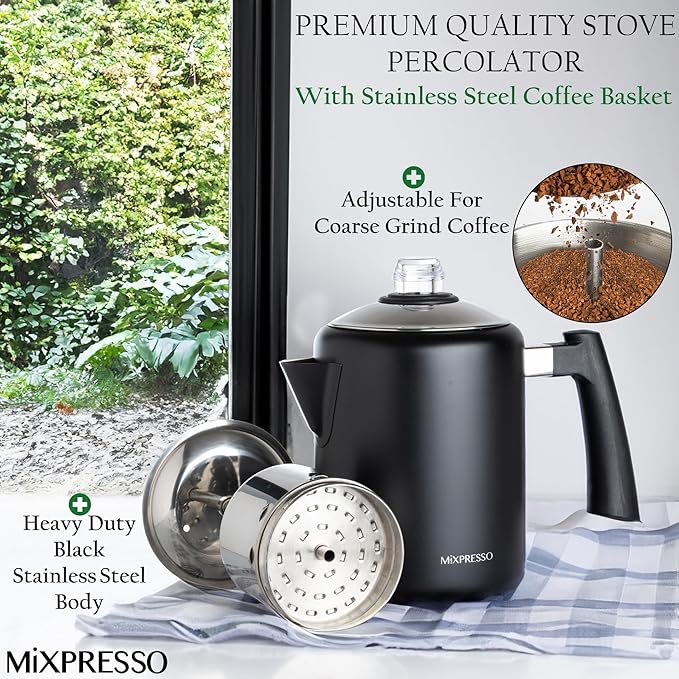 Mixpresso Black Stainless Steel Coffee Percolator Stovetop, 37oz Classic Percolator Coffee Pot, Great For Camping Pot, 5-8 Cup Stove Top Espresso Maker, Cool-Touch Handle