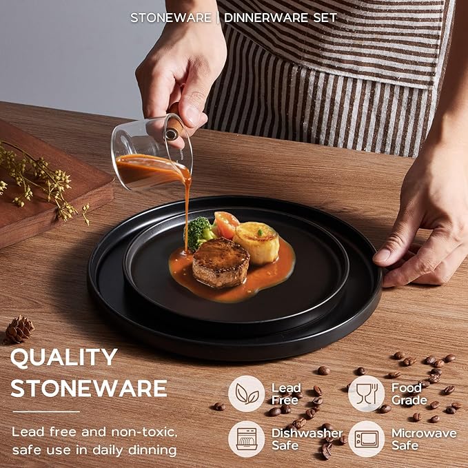 Stoneware Dinnerware Set for 2 with Pasta Bowl, Onader 8 Piece Plates and Bowls Dish Dinner Set, Microwave & Dishwasher Safe - Ebony Black