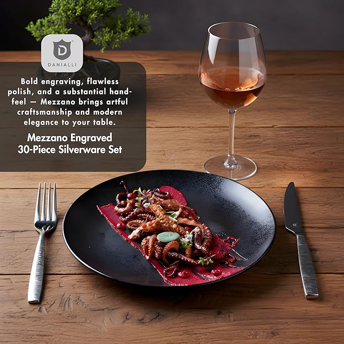 Engraved Silverware Set for 6 | 18/10 Stainless Steel Flatware with Mirror Finish and Engraved Handles | Heavy-Duty, Dishwasher Safe, Built to Last (30-Piece, Mezzano Engraved)
