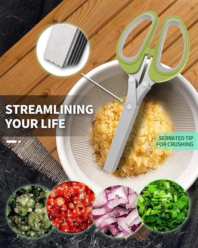 Herb Scissors,Heavy Duty Kitchen Shears for Food,Upgraded Serrated Tip for Garlic Crushing,Salad Chopper Utility Scissors,Herb Cutter with 5 Blades and Cover for Cutting Basil (Green)