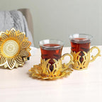 Alisveristime (Set of 2 Turkish Tea Set with Zamac Holders, Glass Cups, and Saucers – Ahsen Ottoman Design, 100ml Capacity, Available in Gold or Silver Color (Gold)