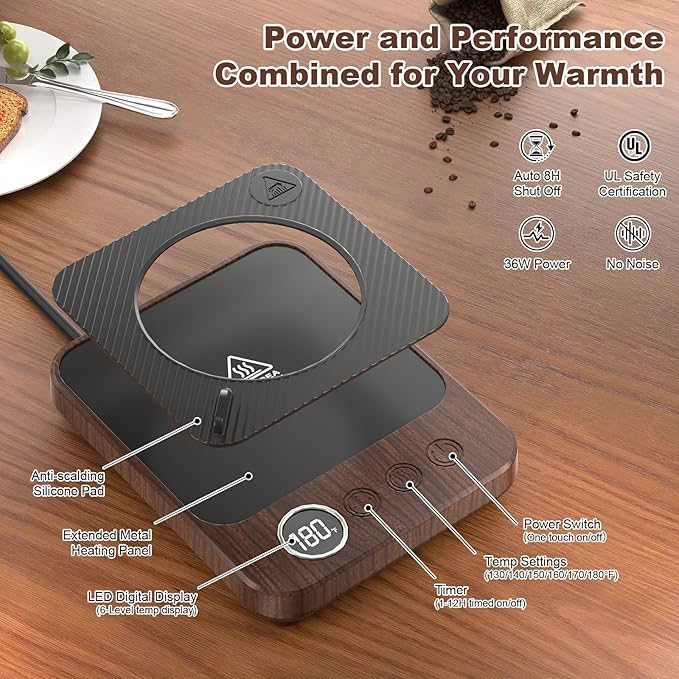 Coffee Mug Warmer for Desk, Electric 36W Coffee Cup Warmer with Auto Shut Off/Timer for Office Home, Smart Coffee Cup Mug Heater for Warming and Heating Beverage,Candle,Tea,Coffee Gifts,Wood