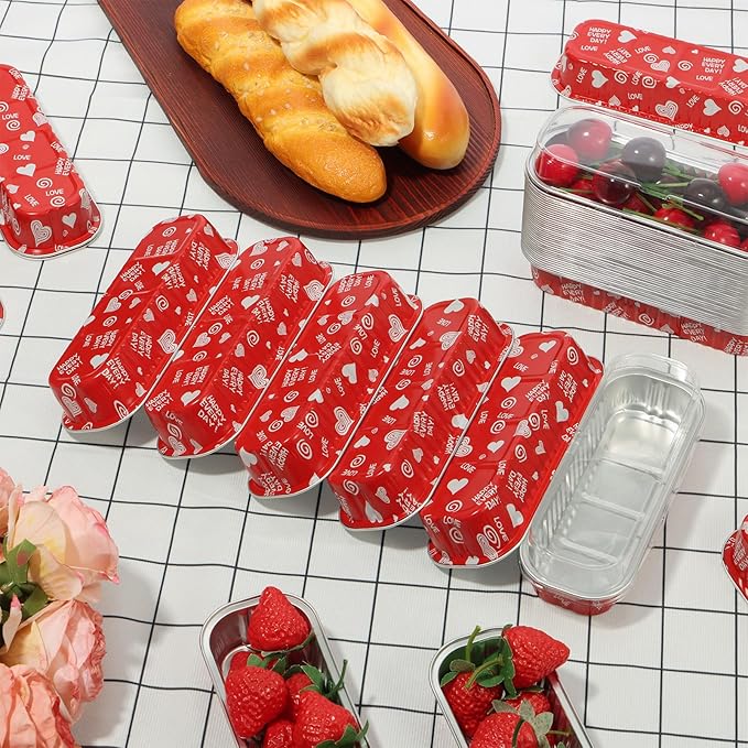 50 Pcs Valentine Mini Loaf Pans With Lids, 6.8oz Rectangle Aluminum Foil Baking Cups Muffin Tins Disposable Mini Cake Pans for Wedding Party Decoration Supplies