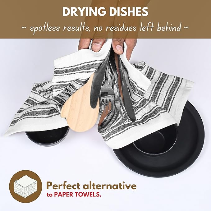 Native Fab 100% Cotton Striped Kitchen Towels - Set of 12-16"x26"- Basket Weave Stripe Dish Towels for Quick Drying, Absorbent Kitchen Wash Cloths Set with Hanging Loop - Black