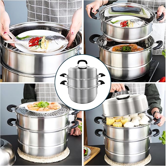 MANO Steamer Pot for Cooking 11 inch Steam Pots with Lid 2-tier Multipurpose Stainless Steel Steaming Pot Cookware with Handle for Vegetable, Dumpling, Stock, Sauce, Food