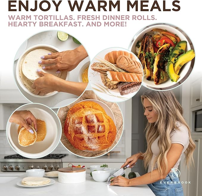 Authentic Wood and Ceramic Tortilla Warmer - Tortilla Holder with Lid - Bread Warmer - Pancake Holder- Roti Box - 8.5 Inches