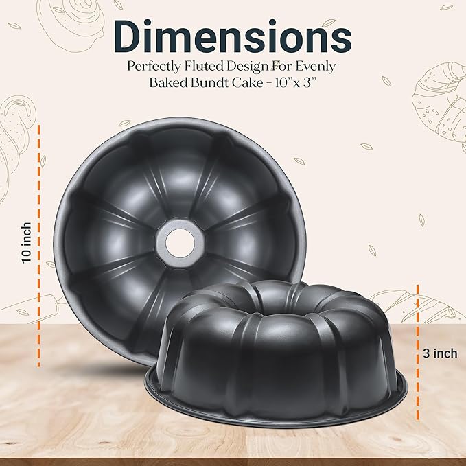 Classic Carbon Steel 10 Inch Bundt Cake Pan Nonstick - Heavy Duty Tube Pan for Baking Pound Cake, 12 Cup, Black