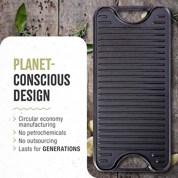 Victoria Rectangular Cast Iron Griddle. Double Burner Griddle, Reversible Griddle Grill, 18.5 x 10 Inch, Seasoned with 100% Kosher Certified Non-GMO Flaxseed Oil