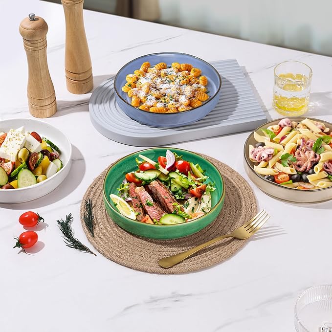 E-far Pasta Bowls Set of 4, 30oz Shallow Salad Bowls for Dinner Serving, 8.25" Stoneware Ceramic Bowl Plates for Noodle Soup, Microwave & Dishwasher Safe, Reactive Glaze, Assorted Colors