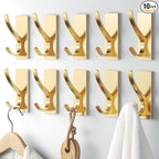 10 Pack Self Adhesive Coat Hooks for Hanging, Heavy Duty Stainless Double Wall Hook for Towel, Backpack, Hat, Sturdy Metal Hanger for Bathroom, Bedroom, Door, Wall Mounted, Brushed Gold