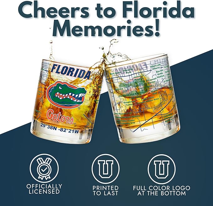 Greenline Goods – University of Florida Gators College Whiskey Glasses (Set of 2), 10 oz – Full-Color Logo + Campus Map