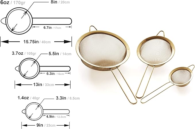 Strainer Set Fine Mesh – Premium 304 Stainless Steel (18/8) – 8″, 5.5″ and 3.3″ Sturdy Kitchen Strainers (Gold)