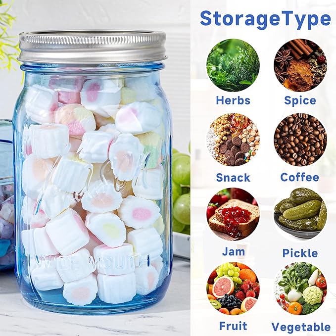 WELLIFE Wide Mouth Mason Jars,2 Pack Blue Mason Jars 32 OZ,Mason Jar for Decor Canning & DIY Crafts,Food Storage,Fermenting,Pickling,Meal Prep